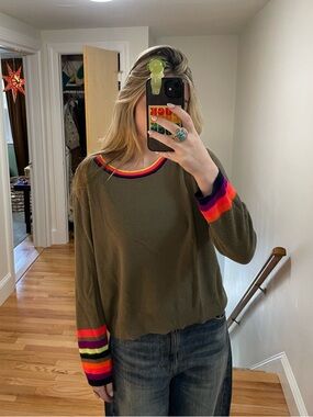 Lisa Todd Olive Sweater with Neon Rainbow Ribbing